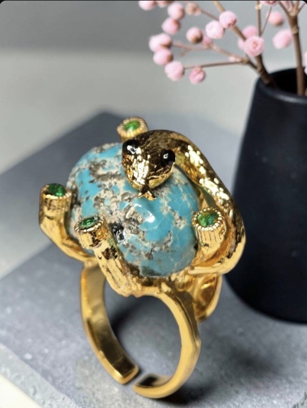 Amazing 18k Gold Plated Custom Coiled Snake Genuine Persian Turquoise Ring